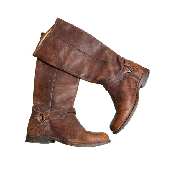 Frye Leather Phillip Ring Harness Boots Women 7.5 B Tall Brown Equestrian Buckle - Picture 2 of 16